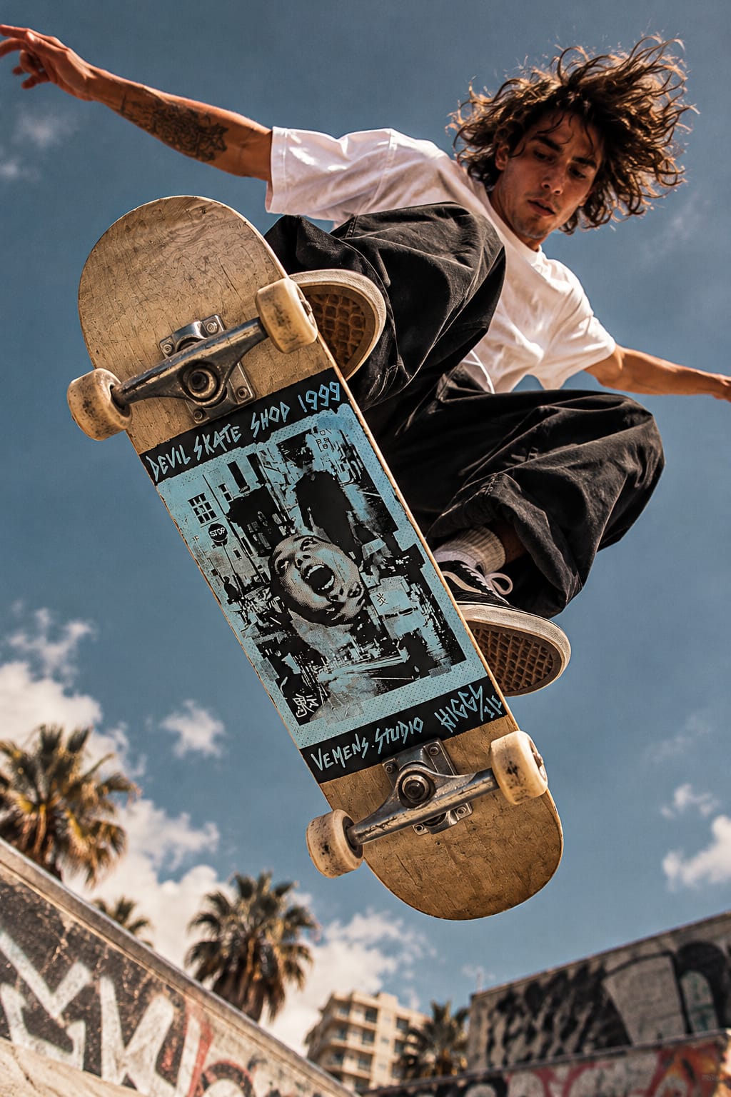 Skater en el aire mostrando una tabla HIGGS con una escena urbana serigrafiada en azul pálido